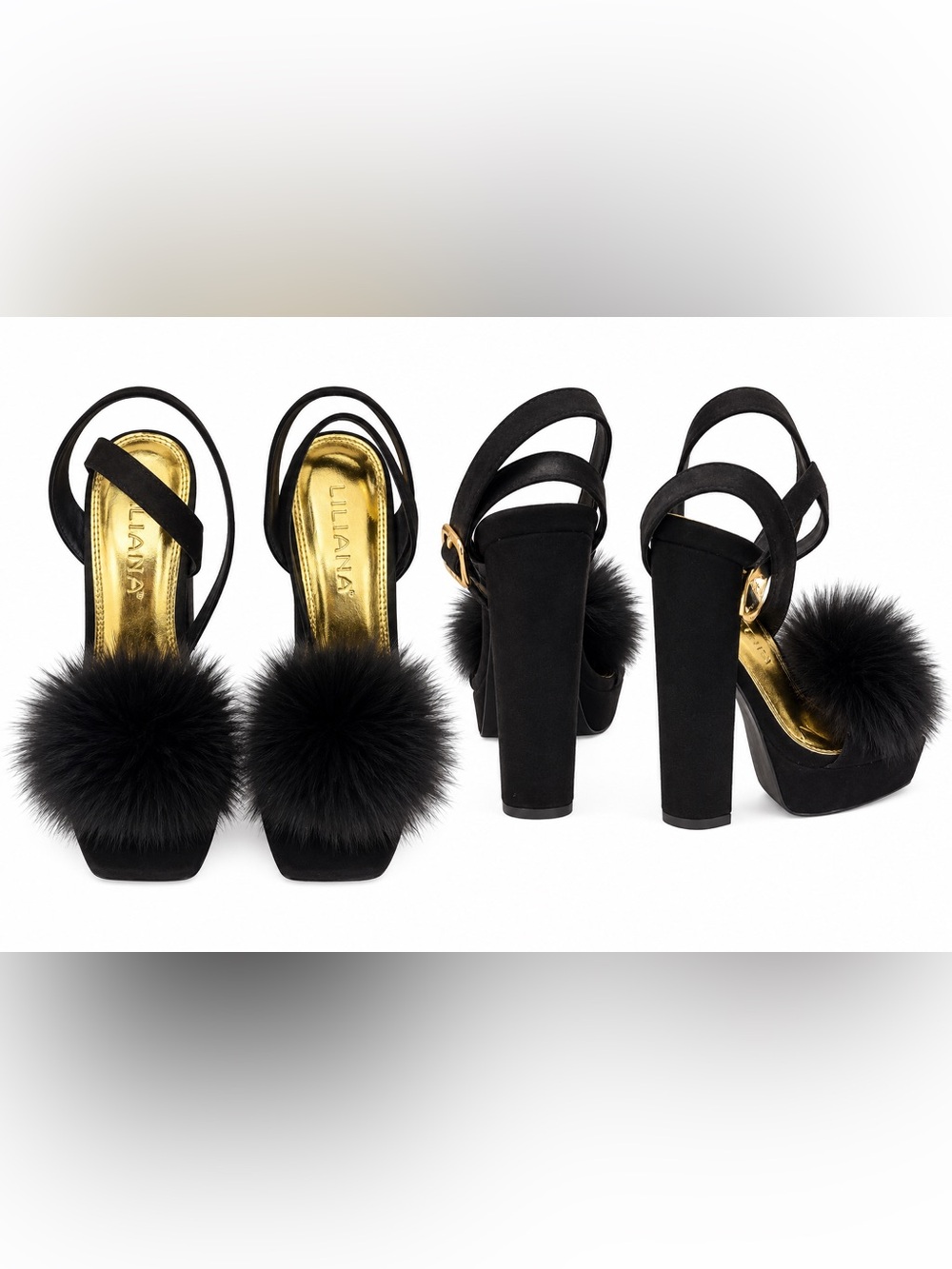 Liliana Black Pom-Pom Platform Sandals with Gold Insole